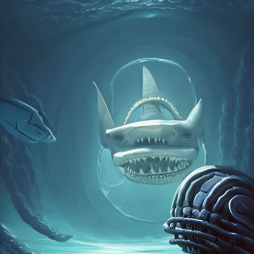 Prompt: beautiful painting of a white armored sharkman exploring the bottom of the ocean in the style of Simon Stålenhag and H. R. Giger, detailed, trending on Artstation