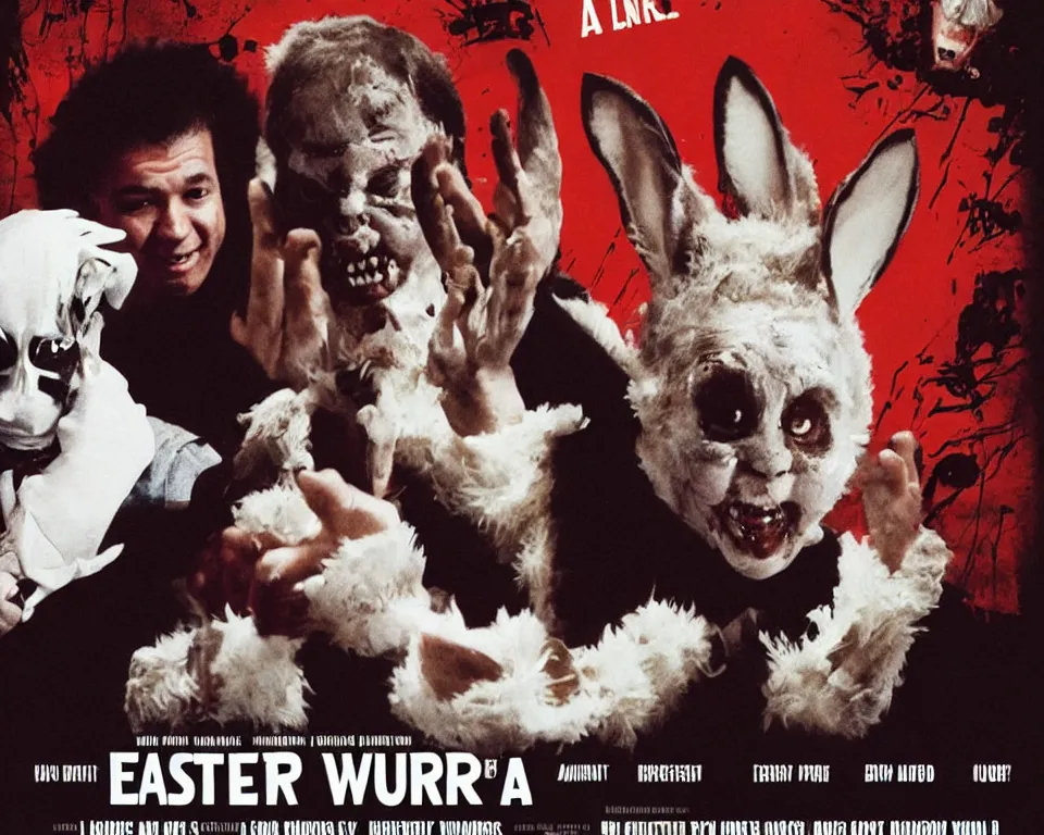 Image similar to a horror movie poster featuring the easter bunny fighting gilbert gottfried