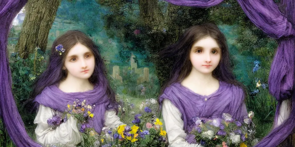 Prompt: 3 d precious moments plush / female hybrid wrapped in a muted purple shroud, sitting in a cemetery at night, under a sea of stars, ebony / periwinkle / slate blue / yellow green color palette, master painter and art style of john william waterhouse and caspar david friedrich and philipp otto runge