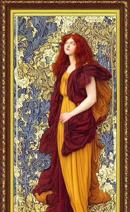 Image similar to full body reclining masterpiece of preraphaelite portrait photography, brown hair fringe, yellow ochre ornate medieval dress, william morris and kilian eng and mucha, framed, 4 k
