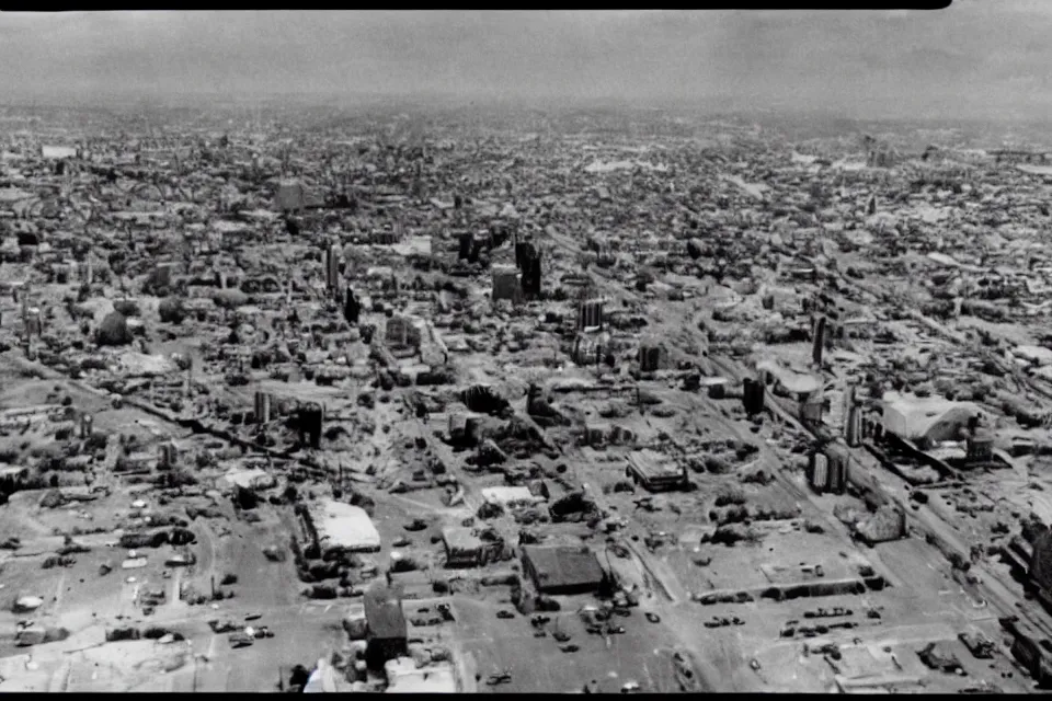 Prompt: still image taken from sci fi horror movie of chicken and monster attack the city. low camera angle. 1 9 6 0. aerial shot