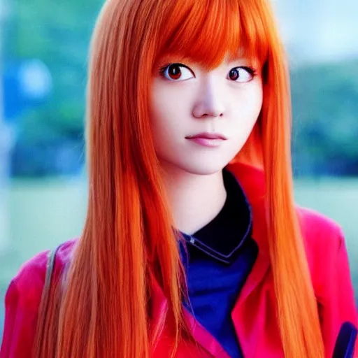 Image similar to Asuka Langley from Neon Genesis Evangelion, live action, beautiful portrait, golden hour