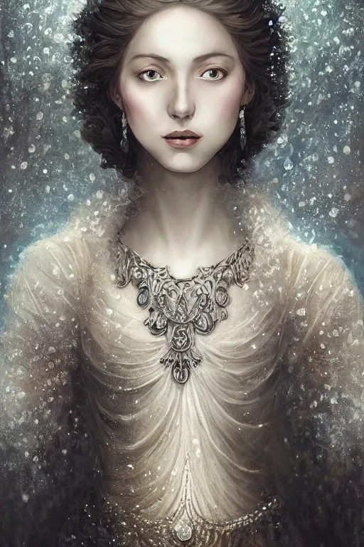 Prompt: full - body - portrait of one beautiful stunning peaceful majestic ice queen wearing intricate jewelry, oil on canvas, baroque style, perfect symmetrical face, mood lighting, ornate and elegant, winter, philosophical, dreamlike, painterly, 🌚, digital art, detailed, trending on artstation