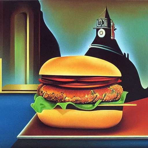 Prompt: Burger, surrealistic painting by Salvador Dali