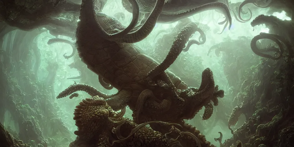 Image similar to Fantasy fairytale story, Great Leviathan Turtle, cephalopod, Cthulhu Squid Terrapin, Mysterious Island, center Universe, hybrid, Reptilian Cyborg, intense celestial fantasy atmospheric lighting, hyper realistic, William-Adolphe Bouguereau, François Boucher, Jessica Rossier, Michael Cheval, michael whelan, Cozy, hot springs hidden Cave, Forest, candlelight, natural light, lush plants and flowers, Spectacular Mountains, bright clouds, luminous stellar sky, outer worlds, Golden dapple lighting, Solar Flare Unreal Engine, HD,