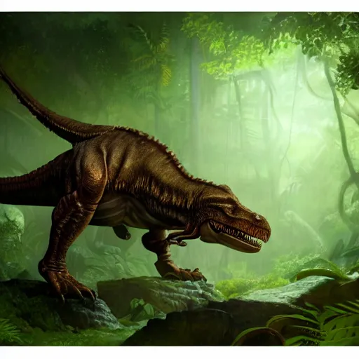 Image similar to T-Rex in jungle, portrait, dark fur, glowing eyes, magic the gathering artwork, D&D, fantasy, cinematic lighting, centered, symmetrical, highly detailed, digital painting, artstation, concept art, smooth, sharp focus, illustration, volumetric lighting, epic Composition, 8k, art by Akihiko Yoshida and Greg Rutkowski and Craig Mullins, oil painting, cgsociety