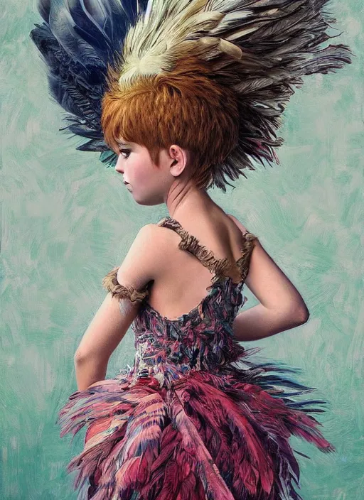 Image similar to little girl with an eccentric haircut wearing an dress made of feathers, artwork made by ilya kuvshinov and donato giancola