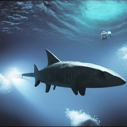 Image similar to photo by national geographic, a small submersible submarine being chased by a gigantic megaladon, 4 d, 4 k, volumetric lighting, photorealistic, light ray, hyperdetailed