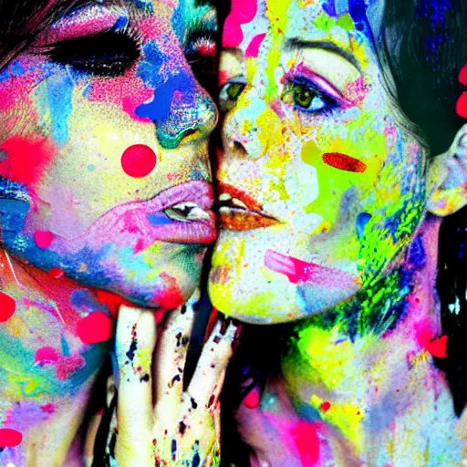 Image similar to double exposure of two women kissing ( closeup ) and a trippy painting, lomography. this photograph is subsequently printed out and splattered with paint. mixed media collage art with magazines and found art