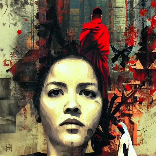 Prompt: a nostalgic latina in red monk habit is being rasterized into pixels, she is surrounded by digital birds, the background is an infinite virtual world, oil on canvas by yoji shinkawa, esao andrews, dave mckean and stina persson