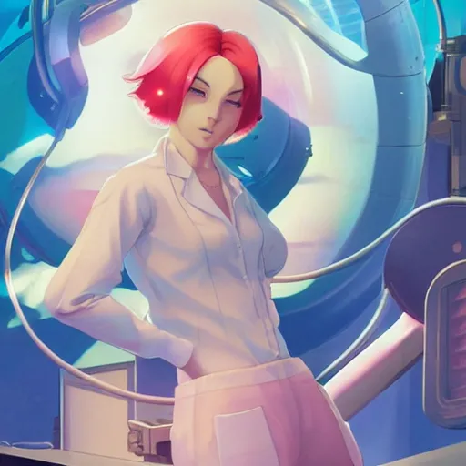 Image similar to British Pokemon original character with wild peach colored hair and heterochromia, Pixar style, beautiful woman, scientist, standing in a lab in front of a giant containment liquid filled tank, by Tristan Eaton Stanley Artgerm and Tom Bagshaw, Makoto Shinkai ilya kuvshinov and Wojtek Fus