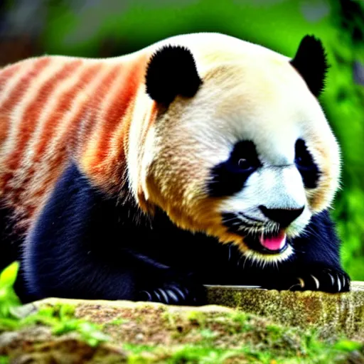 Image similar to an animal, with cat body and panda face, photo taken by nikon, sharp focus, highly detailed