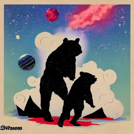 Prompt: space bears dancing to cannon in D, in the style of Banksy