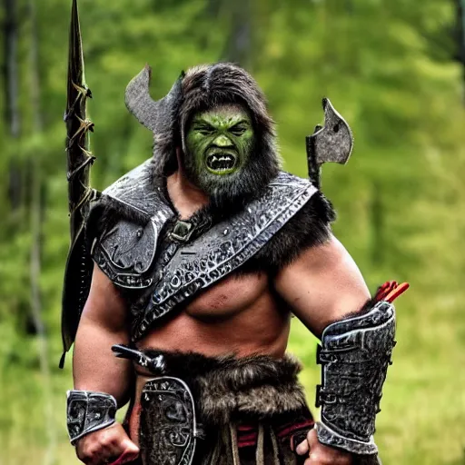Prompt: Real orc warrior dressed for battle