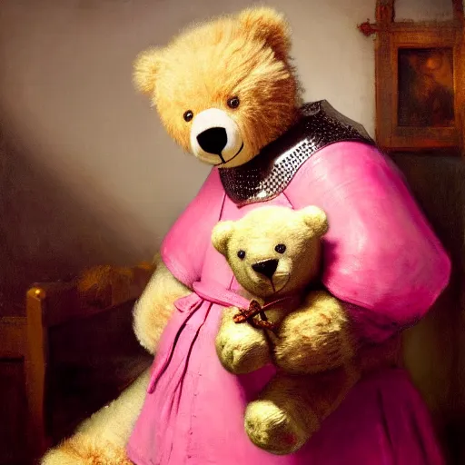 Prompt: a knight in full steel plate armor holding a teddy bear inside a pink bedroom, matte oil painting, by rembrandt, d & d, character reveal, full body, photorealistic, sharp focus, award - winning, extremely detailed, 4 k, 8 k