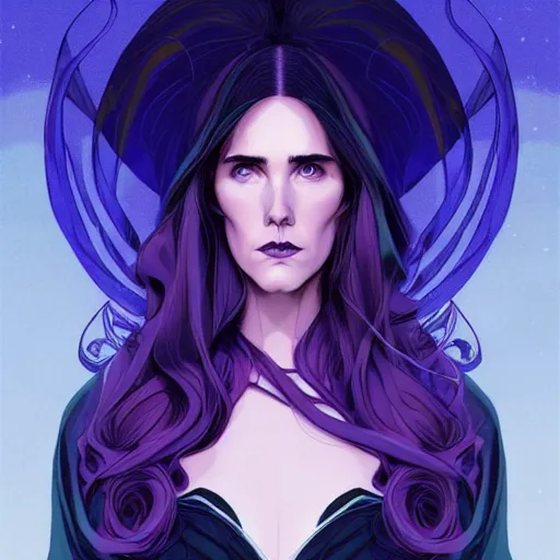 Image similar to in the style of Joshua Middleton comic art, beautiful witch spooky female, Jennifer Connelly, blue and purple glowing hair, perfect eyes perfect symmetrical eyes, symmetrical face, black magic, dark forest background, painterly style