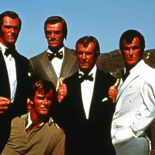 Prompt: battle royale between sean connery, roger moore, timothy dalton, george lazenby, pierce brosnan, and daniel craig