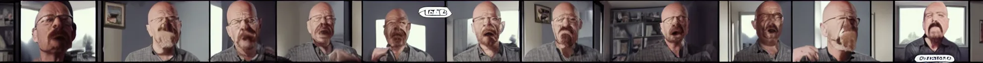 Prompt: 8 consistent frames from a video showing walter white looking around his house