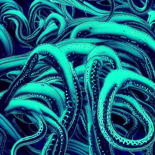 Image similar to “a swarm of dark tentacles underwater, beautiful digital art, underwater photography, deep ocean abyss, dark blue water background”