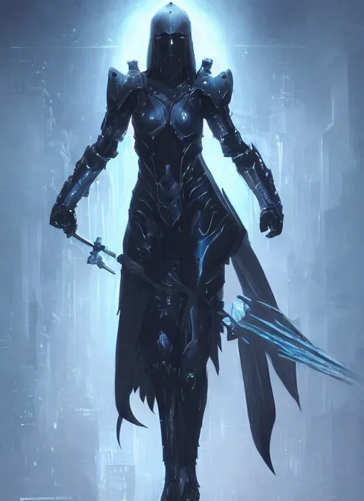 Prompt: dark seraphim knight in light armor wielding a magical lance, full body silhouette. dark water, cyberpunk pearl armor, futuristic fantasy, highly detailed, digital painting, trending on artstation, concept art, sharp focus, illustration, art by artgerm and nixeu and greg rutkowski and magali villeneuve.