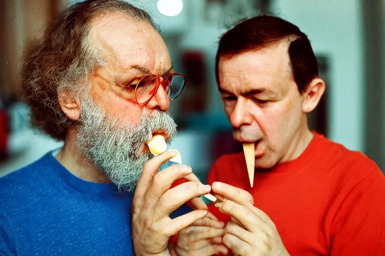 Image similar to A Martin Parr closeup portrait of Socrates eating a popsicle, in the style of Martin Parr The Last Resort, ring flash closeup photograph