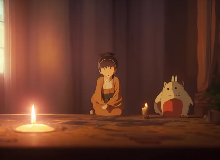 Image similar to a night ritual, being lit by candles, medium shot, studio ghibli, pixar and disney animation, sharp, rendered in unreal engine 5, anime key art by greg rutkowski, bloom, dramatic lighting