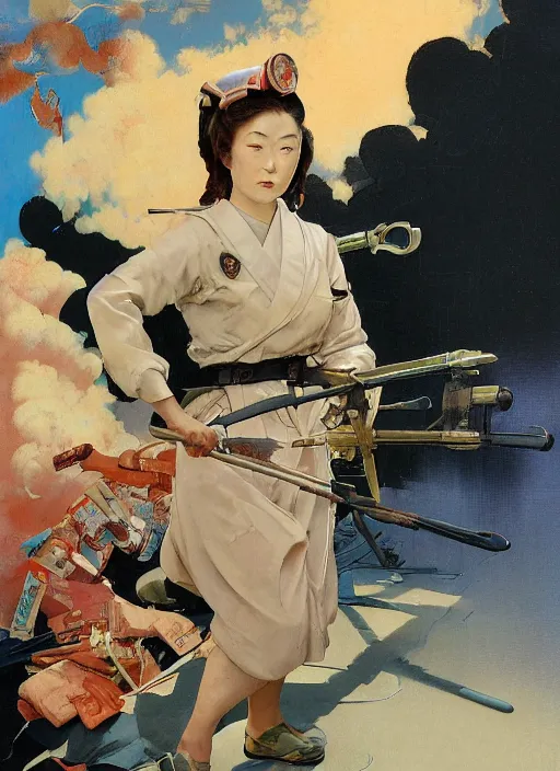 Prompt: realistic detailed image of a japanese girl fighting ww2 in a maid uniform in the style of Francis Bacon, Surreal, Norman Rockwell and James Jean, Greg Hildebrandt, and Mark Brooks, triadic color scheme, By Greg Rutkowski, in the style of Francis Bacon and Syd Mead and Edward Hopper and Norman Rockwell and Beksinski, dark surrealism, open ceiling, highly detailed, painted by Francis Bacon, painted by James Gilleard, surrealism, by Nicola Samori, airbrush, Ilya Kuvshinov, WLOP, Stanley Artgerm, very coherent, art by Takato Yamamoto and James Jean