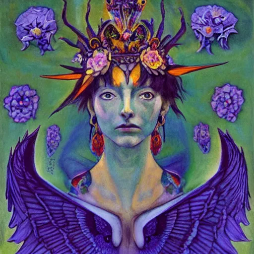 Image similar to the bone crown, the crown of wings, by Annie Swynnerton and Nicholas Roerich and Diego Rivera, bioluminescent skin, tattoos, wings made out of flowers, elaborate costume, geometric ornament, symbolist, cool colors like blue and green and violet, smooth, sharp focus, extremely detailed