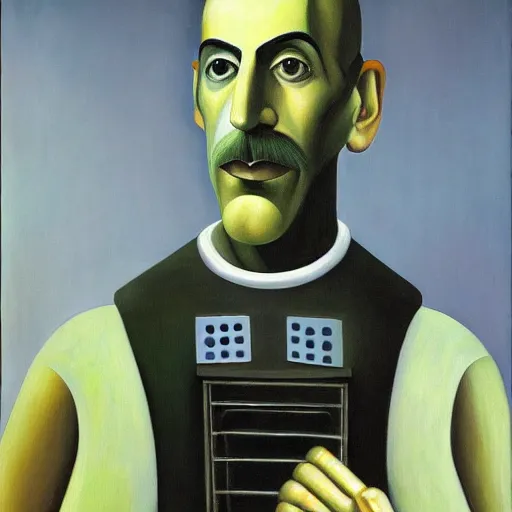 Image similar to robotic frank zappa portrait, grant wood, pj crook, edward hopper, oil on canvas