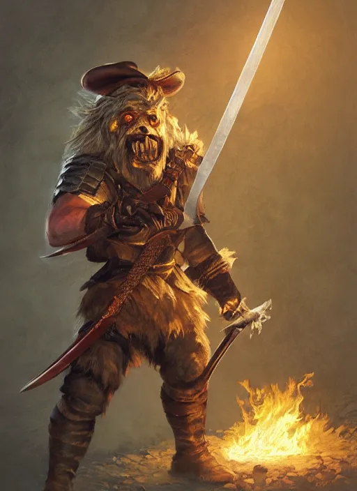 Image similar to photorealistic bugbear ranger holding sword on fire, magic, black beard, dungeons and dragons, pathfinder, roleplaying game art, hunters gear, jeweled ornate leather and steel armour, concept art, character design on white background, by sargent, norman rockwell, makoto shinkai, kim jung giu, artstation trending, poster art, colours red