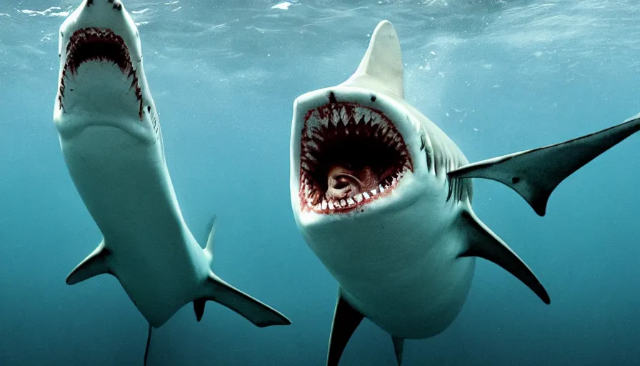 Prompt: big budget horror movie about a white pointer shark eating swimmers