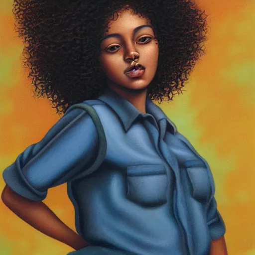 Prompt: young woman with curly hair, close up, oil painting, by kadir nelson