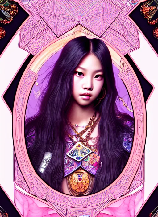 Image similar to jennie of blackpink, queen, tarot card, highly detailed, digital painting, smooth, sharp focus, illustration, ultra realistic, unreal engine, 8 k, art by artgerm and alphonse mucha