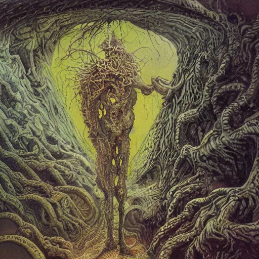 Image similar to a painting of a man standing in front of a cave, a surrealist painting by ian miller, deviantart, psychedelic art, lovecraftian, cosmic horror, poster art