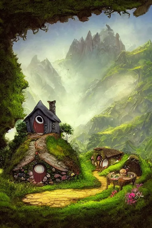 Image similar to beautiful matte painting of a hobbit house under a quaint hill, whimsical by brian kesinger and bridget bate tichenor