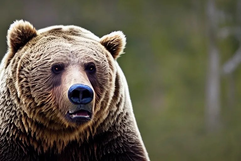 Prompt: wildlife photography of a grizzly bear with the face of an owl by Emmanuel Lubezki