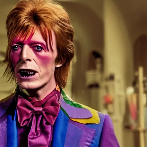 Image similar to photorealistic movie still of David Bowie as Willy Wonka 4k HDR amazing lighting