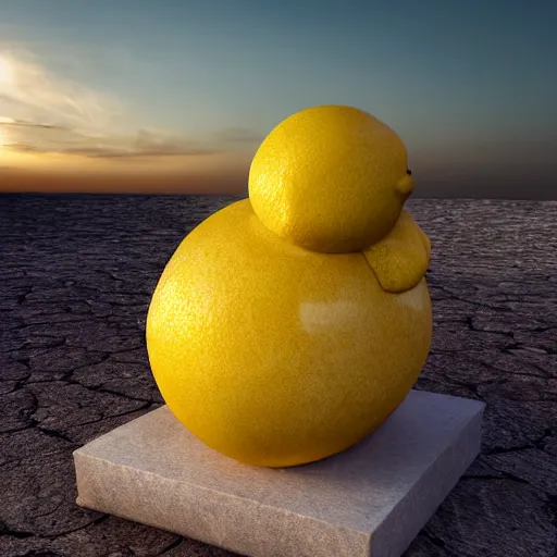 Image similar to marble statue of a lemon at sunset, dslr, 8 k, octane beautifully detailed render, warm mood, cinematic lighting, detailed photo, masterpiece, volumetric lighting, ultra realistic, highly detailed, high quality, lossless, photorealistic