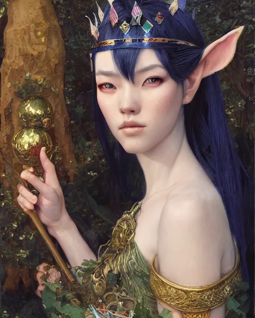 Prompt: onri akita as a beautiful elf queen, oil painting, by Edgar Maxence and Ross Tran and Michael Whelan