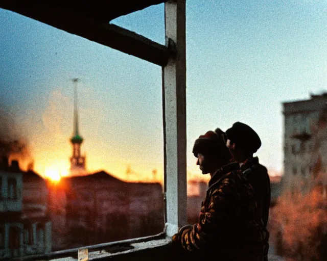 Image similar to lomo photo of pair standing on small hrushevka balcony full with cigarette smoke in small russian town looking at sunset, cinestill, bokeh