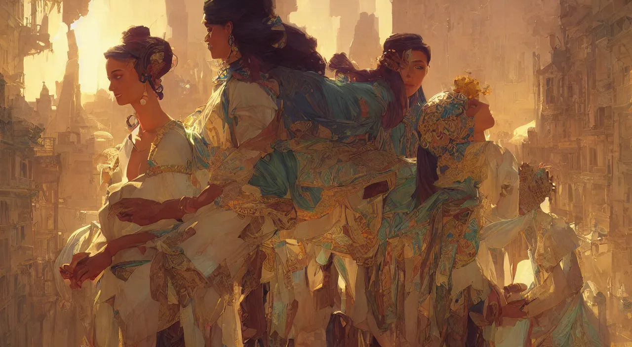 Image similar to bazaar zouk old egypt sky shine digital painting, artstation, concept art, illustration, cinematic lighting, art by artgerm and greg rutkowski and alphonse mucha