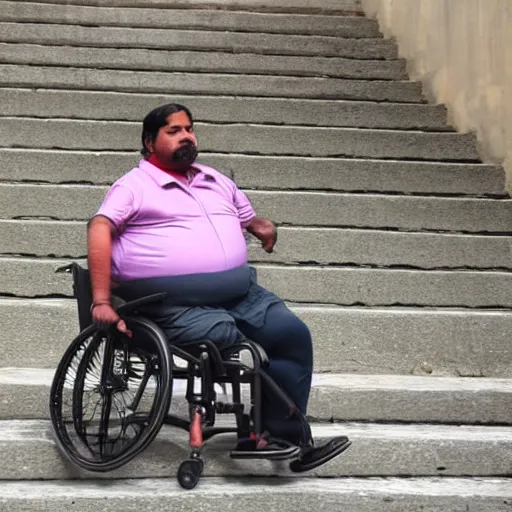 Image similar to an obese indian in a wheelchair on steps in Porto, detailed photo