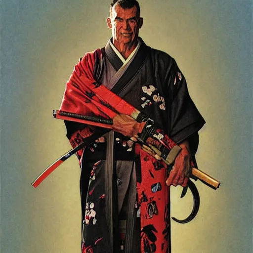 Image similar to the doomslayer wearing a kimono!!, portrait art by norman rockwell and donato giancola and greg rutkowski,