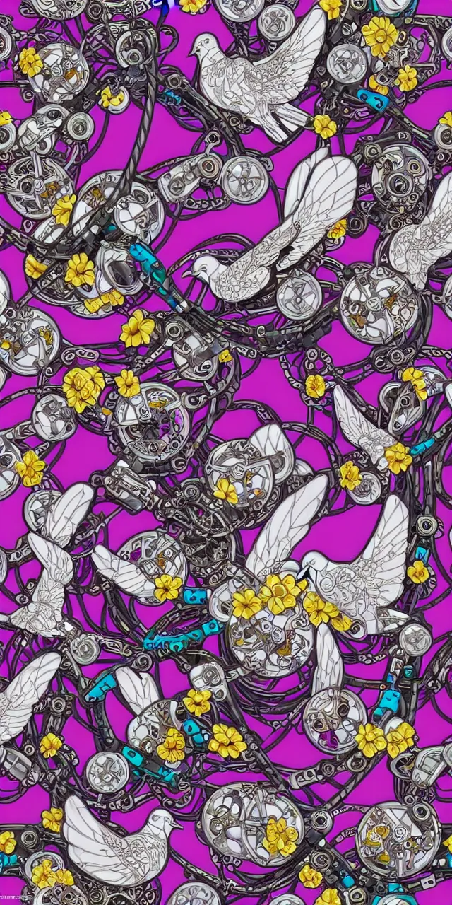 Prompt: seamless pattern of beautiful cybernetic robotic dove cameron with colorful flowers bvlgari jewelry and cables arranged in a baroque damask pattern + clear glass exoskeleton, inside organic robotic tubes and parts, black background, symmetrical composition + intricate details, hyperrealism, wet, reflections + by alfonse mucha, no blur