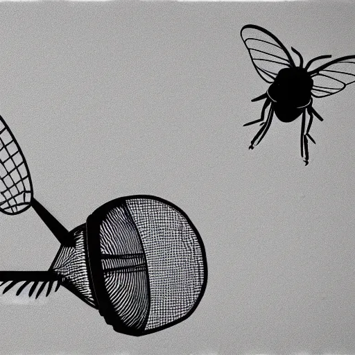 Image similar to hyperrealism perspective of a housefly getting swatted at from a man with a fly swatter