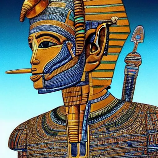 Prompt: the annunaki have returned to egypt wearing space suits that look like egyptian pharoah head - dresses and breathing hoses that look like elephant trunks - alien - looking, cyborg, detailed, photo - realism