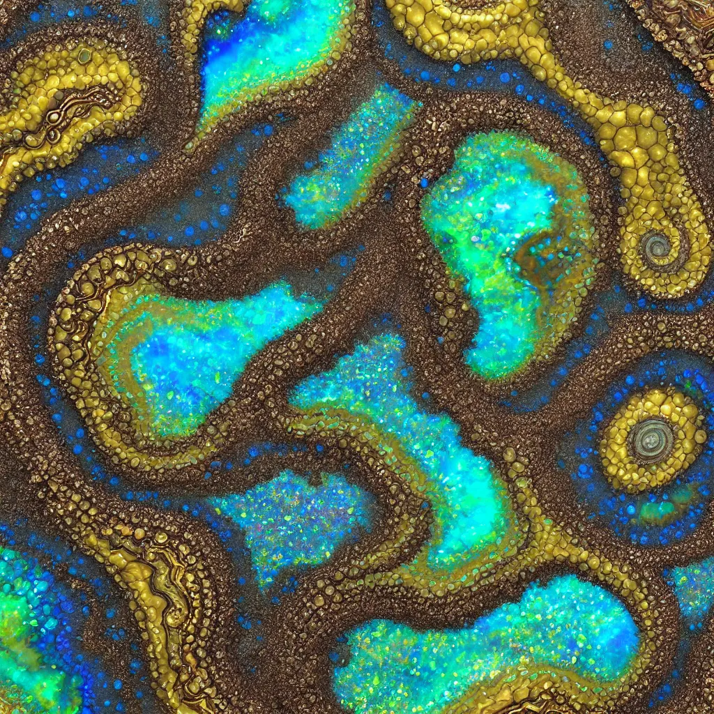 Prompt: art nouveau cresting oil slick waves, druzy geode, hyperdetailed bubbles in a shiny iridescent oil slick wave, ammolite, black opals, rococo, organic rippling spirals, octane render, 8 k 3 d, spirals, glistening seafoam, abalone, ammonite, bronze patina filigree