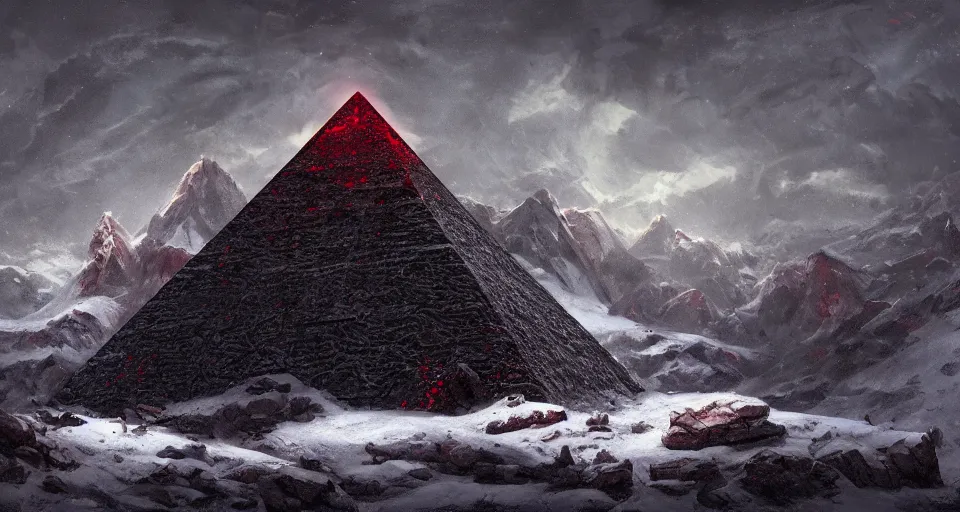 Image similar to black lovecraftian obsidian pyramid!! on a snowy mountaintop by eugene von guerard, ivan shishkin, night, red lightning!!, dramatic lighting, concept art, trending on artstation, 8 k