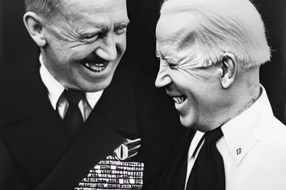 Prompt: “ very very intricate photorealistic photo of hitler and joe biden laughing together, detailed natural lighting, award - winning crisp details ”