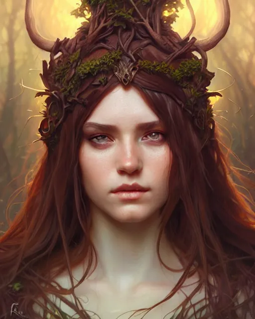 Image similar to beautiful female druid, portrait, fantasy, young, correct eyes proportion, hyperealistic eyes, detailed, intricate, leaves and simple cloth, global lighting, digital art, digital painting, oil art, artstation, wlop, illustration, art by artgerm and greg rutkowski and alphonse mucha, 8 k